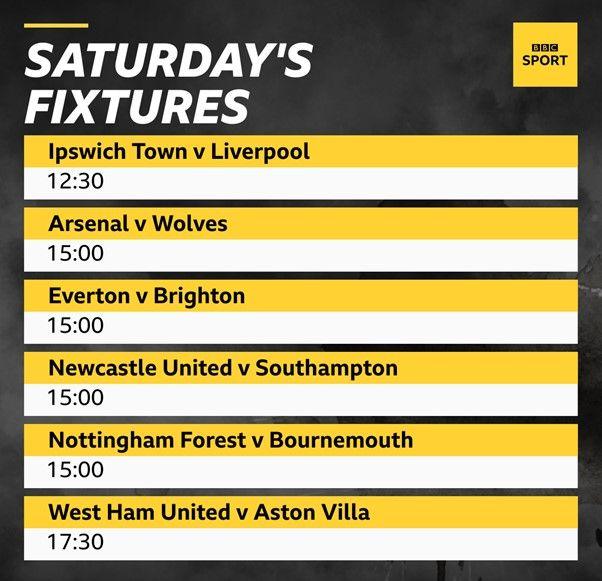 Ipswich Town v Liverpool, Arsenal v Wolves, Everton v Brighton, Newcastle United v Southampton, Nottingham Forest v Bournemouth West Ham United v Aston Villa 