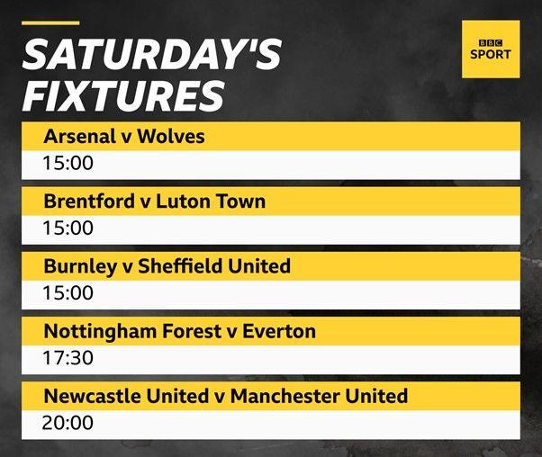 Saturday's fixtures: Arsenal v Wolves, Brentford v Luton Town, Burnley v Sheffield United, Nottingham Forest v Everton, Newcastle United v Manchester United