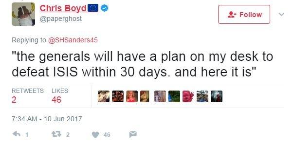 Tweeter Chris Boyd joked of the emoji series: "the generals will have a plan on my desk to defeat ISIS within 30 days. and here it is".