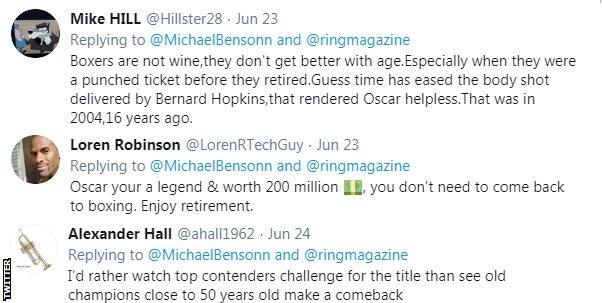 Boxing fans react to news that Oscar de la Hoya is considering a comeback, with one fan saying he should just enjoy retirement