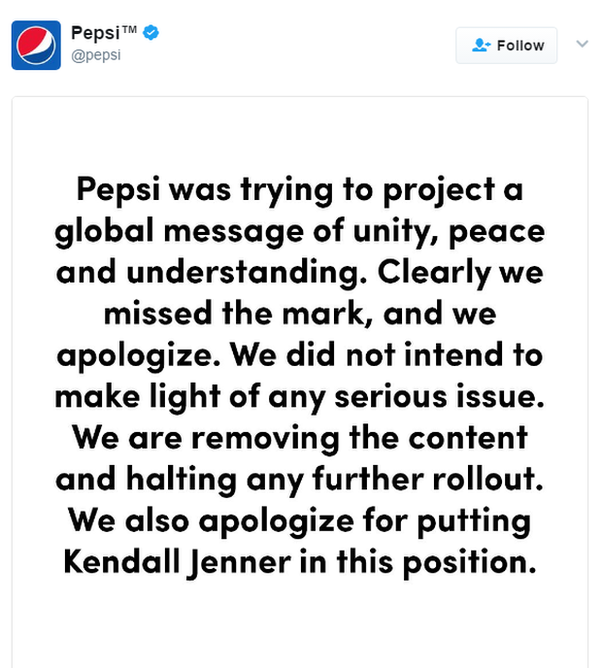 Screenshot of Pepsi apology on Twitter