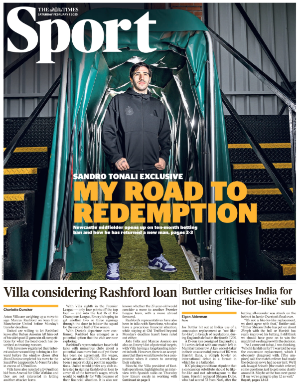 Lead sport page in the Times on 1 February 2025