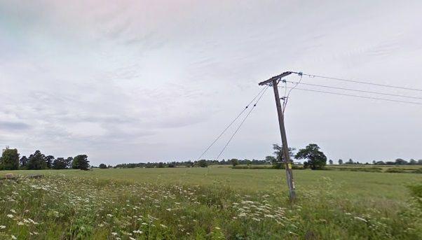 Green field with trees in background and power line in the foreground