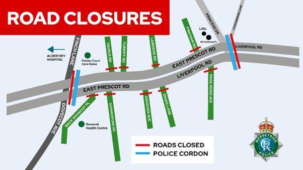 A graphic image showing all the roads shut due to the police cordon. 