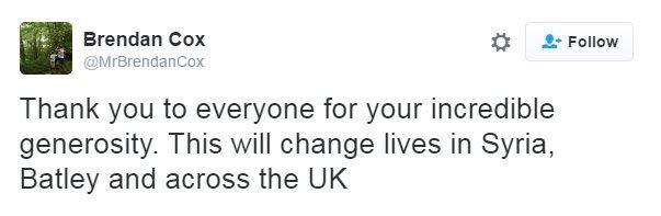 "Thank you to everyone for your incredible generosity. This will change lives in Syria, Batley and across the UK"