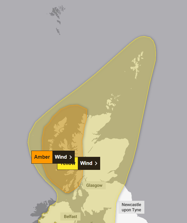 A Met Office map showing the yellow alert area covering the Northern Iels and the whole of Scotland as well as Northern Ireland. Withing the yellow area is a smaller amber alert shaded areas covering the Western Isles and western Scotland from Argyll to Cape Wrath. For both areas the warning for high winds