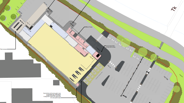 A CGI image giving a bird's eye view of the proposed Lidl store. It shows the entire site including the building and its car park and entrance.