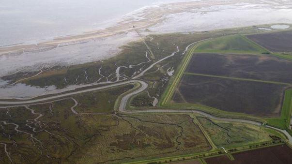 Birds-eye-view of RSPB Tetney Marshes in Lincolnshire, with a vast coastline, open fields and wetlands.