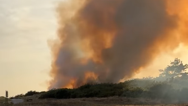 Orange and grey smoke rising from heathland on a cliff.