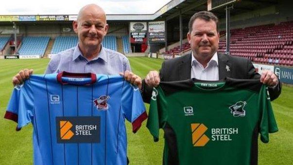 Paul Mc Bean and Peter Swann with the new Scunthorpe United Football kit