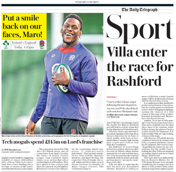 Lead sport page in the Daily Telegraph on 1 February 2025