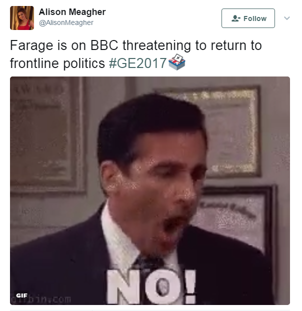 Tweet angrily reacting to Farage's potential return