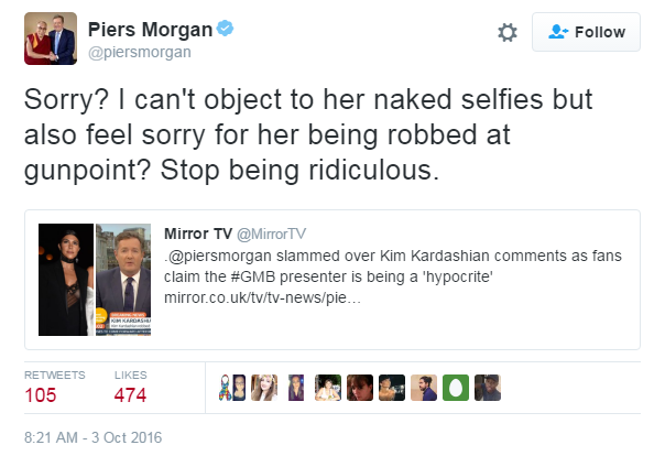 "Sorry? I can't object to her naked selfies but also feel sorry for her being robbed at gunpoint? Stop being ridiculous."