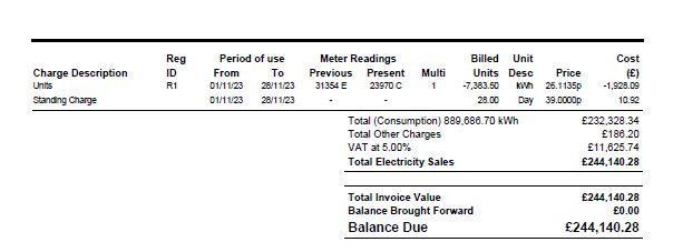 A copy of Mr Langmaid's bill in December showing a charge of £244,140.28