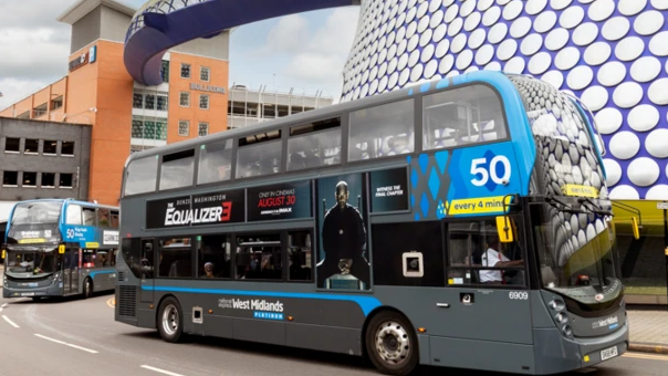 A bus drives past the Selfridges Bull Ring Shopping Centre