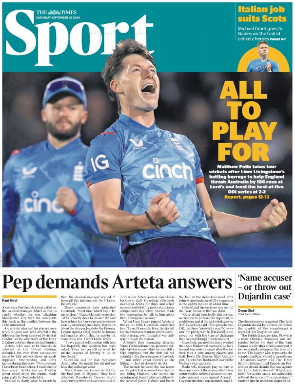 Lead sport page of the Times on 28 September 2024