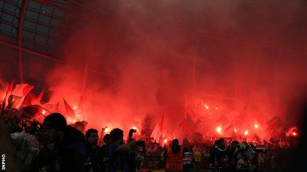 A number of Legia Warsaw set off flares at the Aviva Stadium