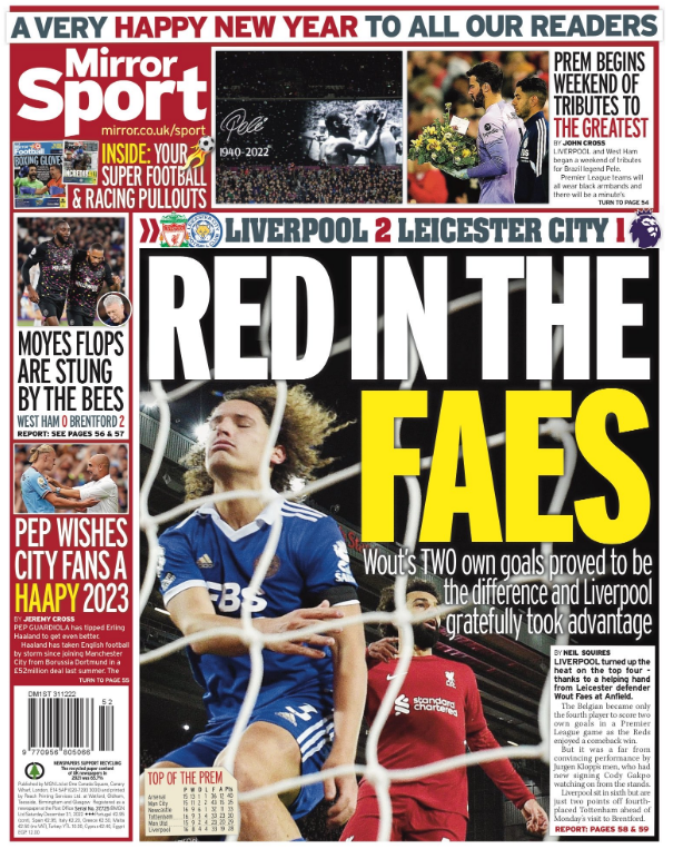 Saturday's Mirror back page with the headline 'Red in the Faes'