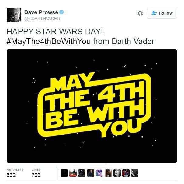 Tweet: HAPPY STAR WARS DAY! #MayThe4thBeWithYou from Darth Vader