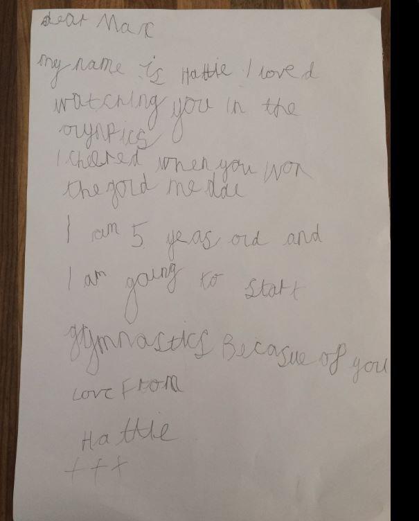 Child's letter to Max Whitlock letting him know that he has inspired them to take up gymnastics