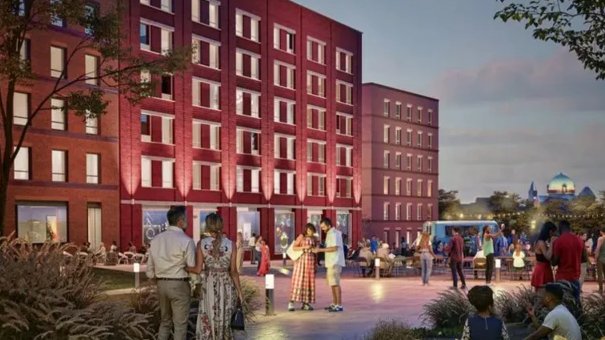 An artist's impression shows a tall red building of apartments on the left with people milling about in an open walkway with plants and small trees.