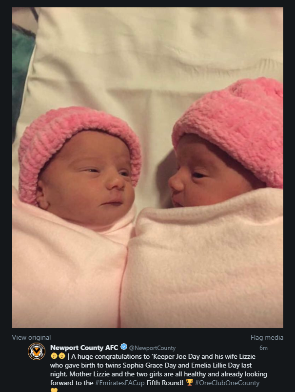 Newport County tweet picture of goalkeeper Joe Day's twin daughters