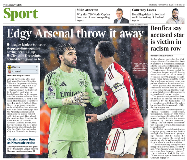 Back page of the Times on 19 February 2026