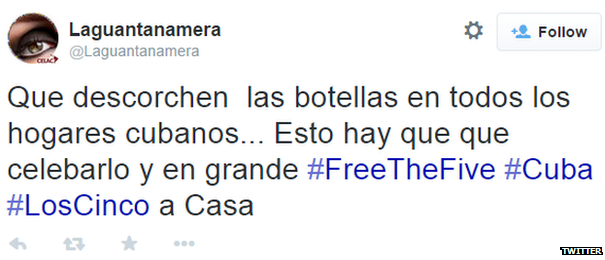 Translation: "Pop open bottles of champagne in every Cuban home. This is something we have to celebrate #FreetheFive #Cuba #LosCinco (The Five)"