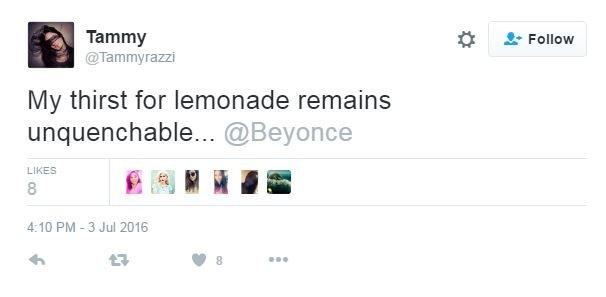 Tweet reads: My thirst for lemonade remains unquenchable.