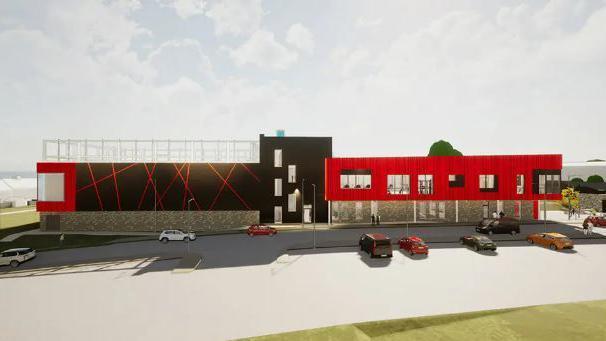 An artist's impression of Base71, which has red and black exterior panels.