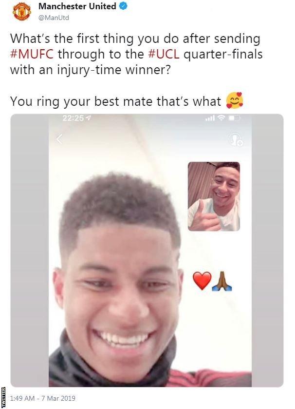 Man Utd tweet showing Jesse Lingard on Facetime with Marcus Rashford: "What's the first thing you do after sending #MUFC through to the #UCL quarter-finals with an injury-time winner? You ring your best mate, that's what"