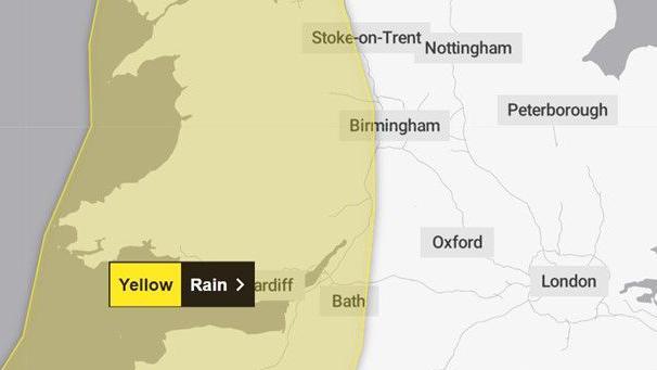 A map showing a yellow weather warning set to affect parts of the West Midlands on Monday 15 July 