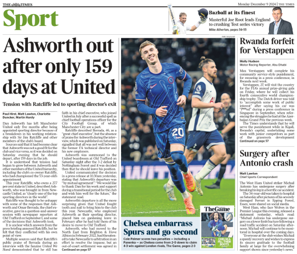 Back page of the Times on 9 December 2024