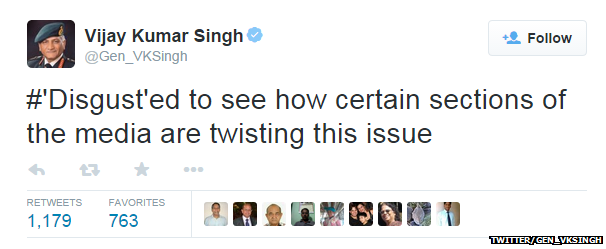 Tweet fom Gen VK Singh