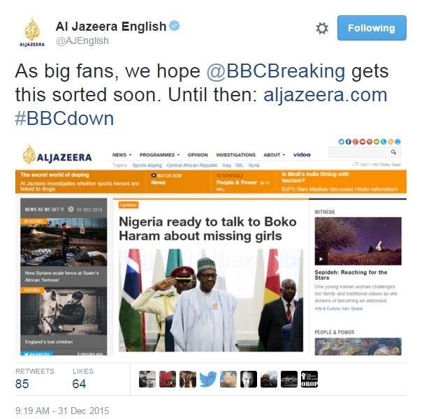 Tweet: As big fans, we hope @BBCBreaking gets this sorted soon. Until then: http://aljazeera.com #BBCdown