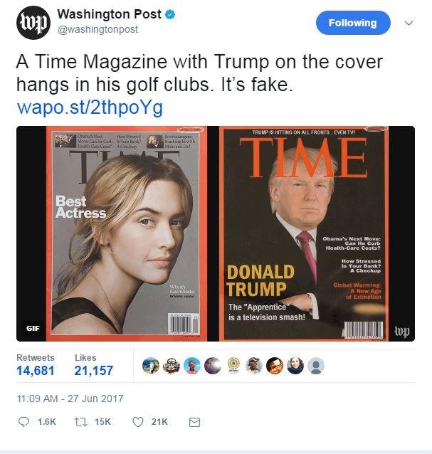 The Washington Post tweeted a picture of the fake Trump cover next to the actual edition of Time magazine for March 2009, featuring actress Kate Winslet