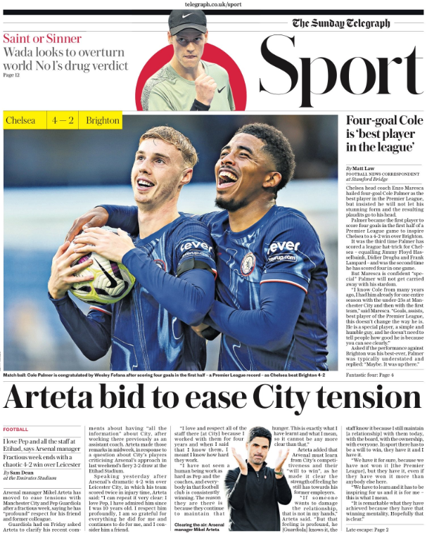 Lead sport page of the Sunday Telegraph on 29 September 2024