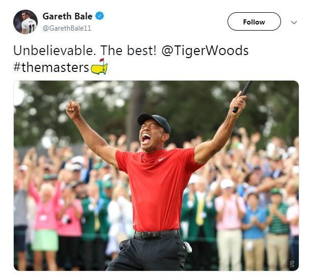 Gareth Bale tweeted: 'Unbelievable. The best!' with a picture of Woods