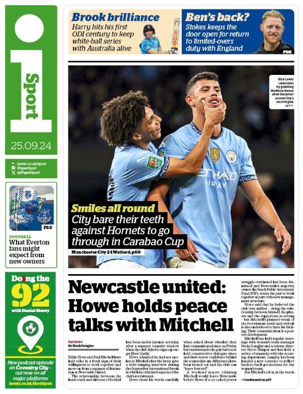 The i sport page: 'Newcastle United: Howe holds peace talks with Mitchell'