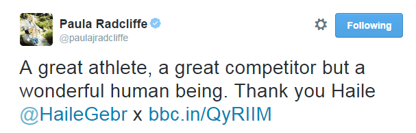 Paula Radcliffe tweet about Haile Gebrselassie