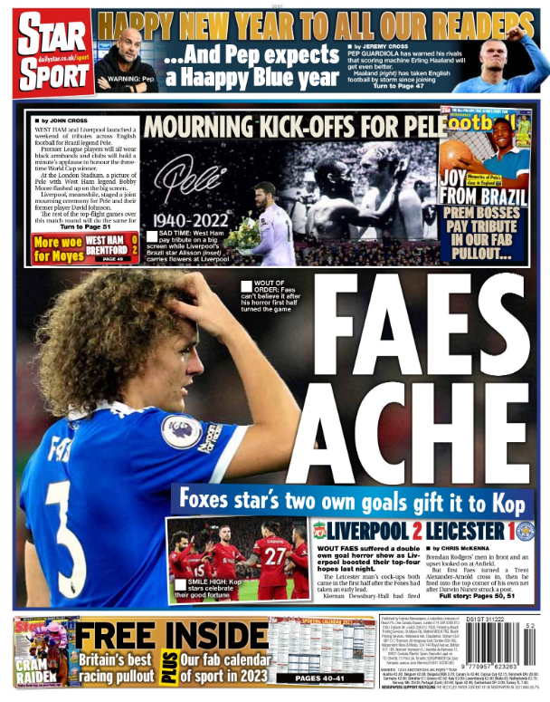Saturday's Star back page with the headline 'Faes Ache'