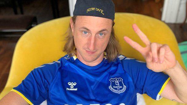 The Wombats drummer Dan Haggis wearing an Everton shirt