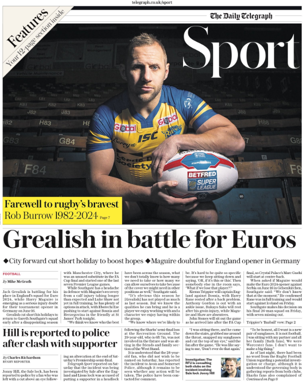 Lead sport page of the Daily Telegraph on 3 June 2024