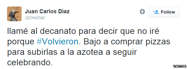 Translation: "I called the university to say that I won't go today because they [the prisoners] are back. I'm going to buy pizza to celebrate on the roof terrace."