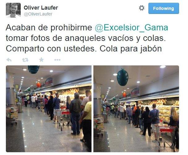 A tweet in Spanish with images of supermarket shelves beneath it