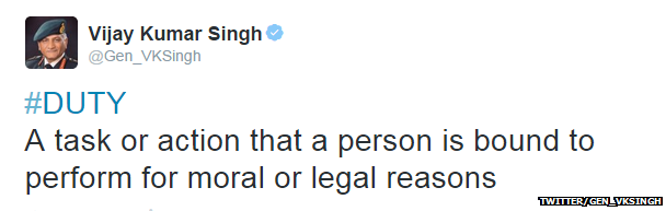 Tweet from India's minister of state for external affairs Gen VK Singh