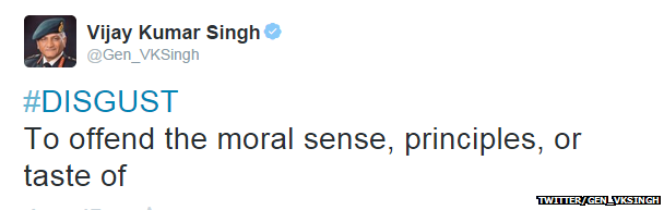 Tweet from India's minister of state for external affairs Gen VK Singh