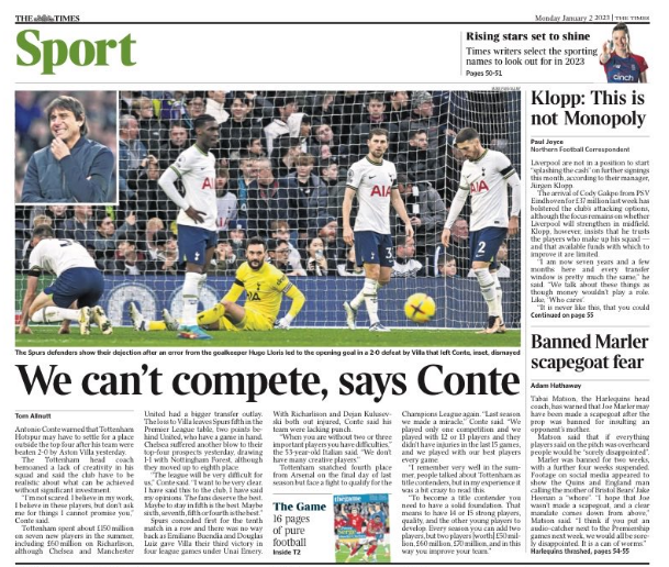 Monday's Times back page with the headline 'We can't compete, says Conte'