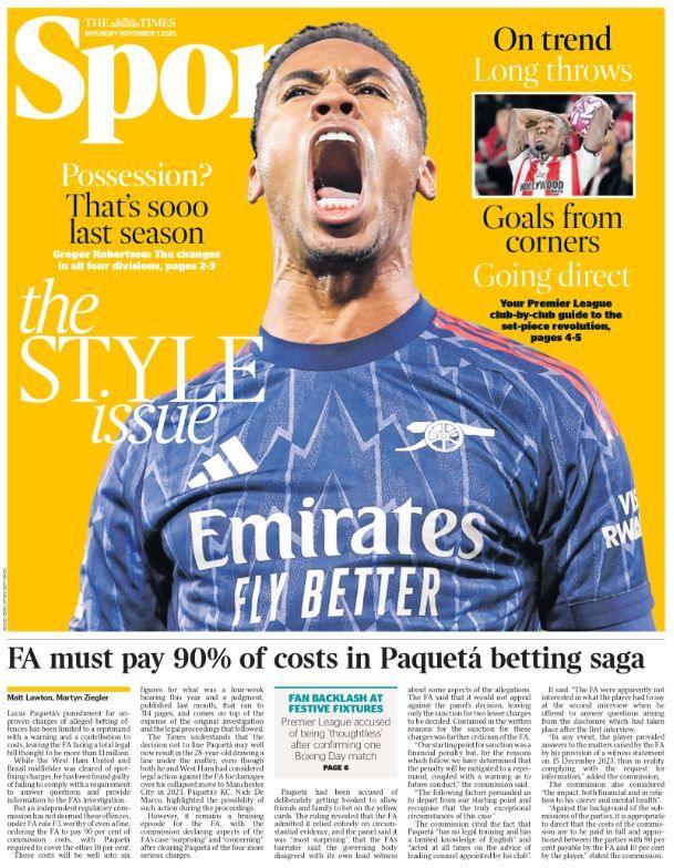 Lead sport page of The Times on 1 November 2025