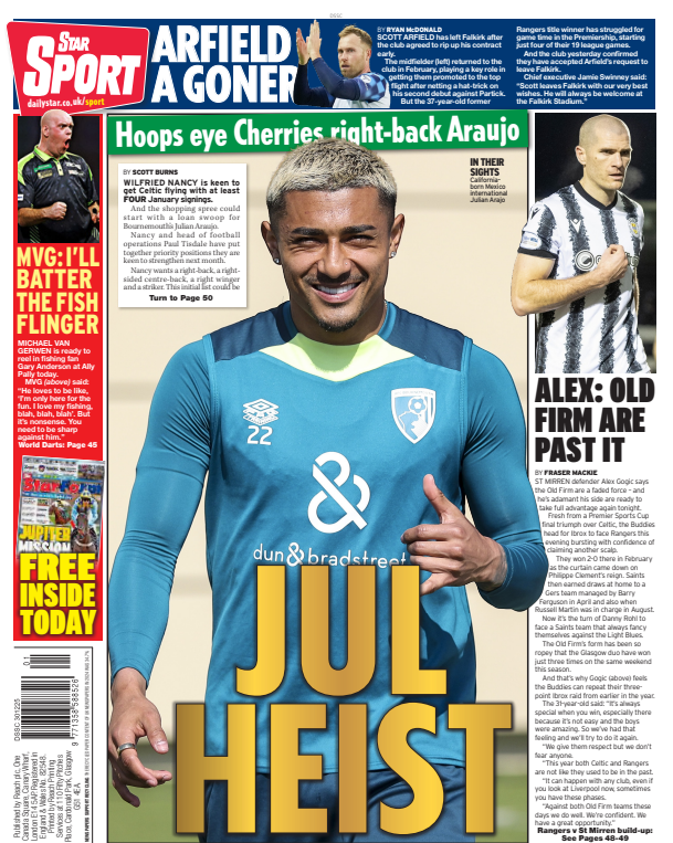 The back page of the Scottish edition of The Star on 301225